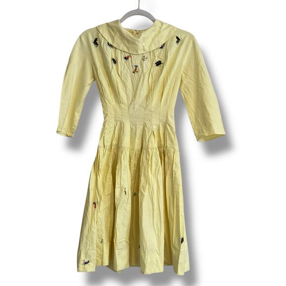 Vintage 40s 50s Butter Yellow Long Sleeve Drop Waist Embroidered Dress Sz XS - Picture 1 of 16